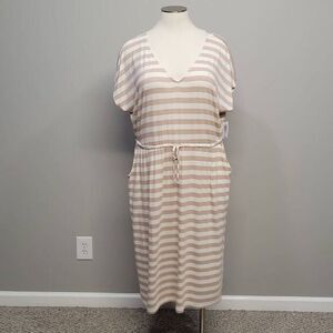 Torrid Super Soft Dress 4X Midi Cream Tan Stripe Dolman Sleeve Pocket Drawstring